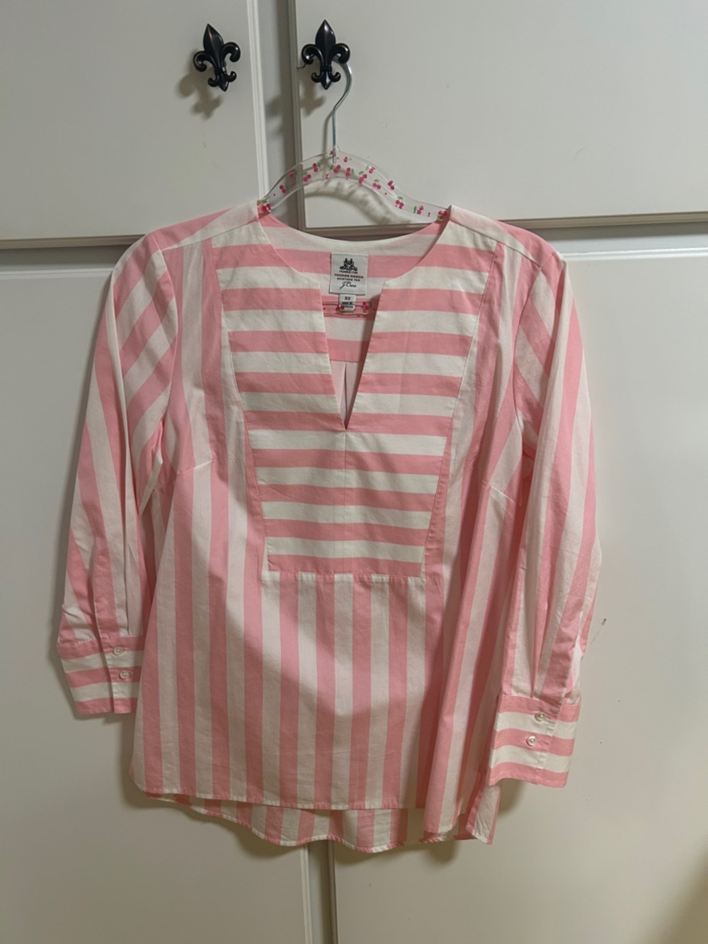 J. Crew Pink and White Striped Cotton Popover Blouse